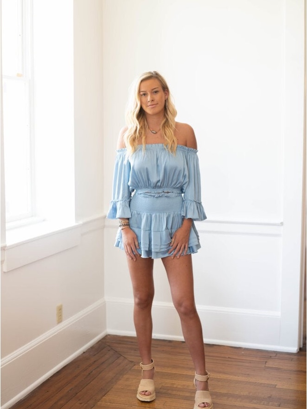 SHUG Doris Light Blue Ruffle‎ Off the shoulder Set Size Medium